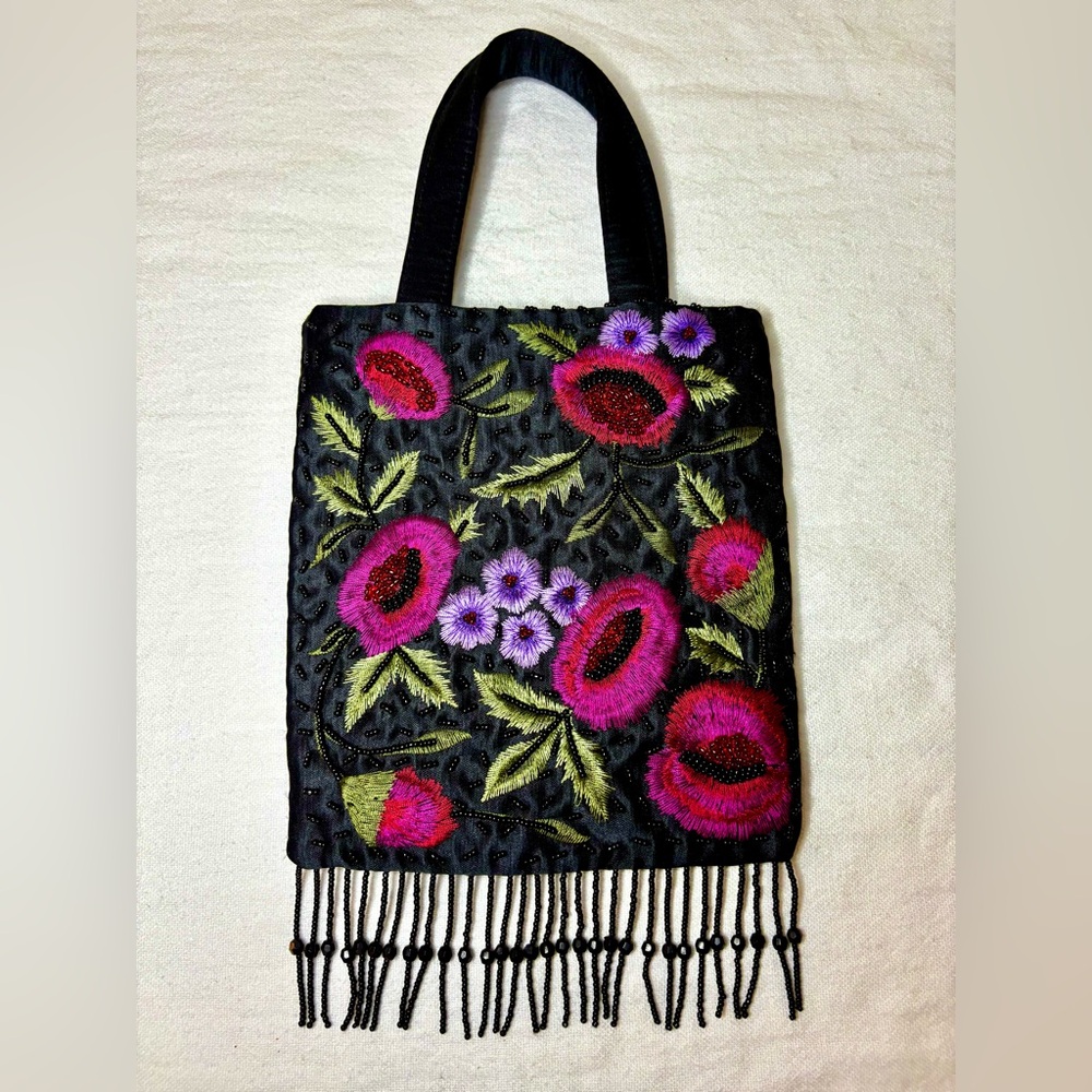 Frankie & Johnnie Embroidered Floral Beaded Fringe Evening Bag - Vintage Style - Picture 3 of 12